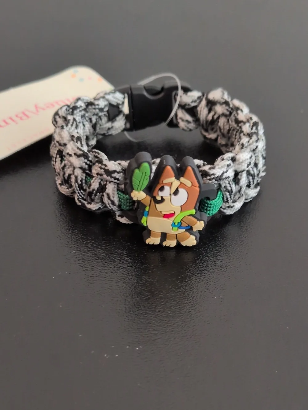 Kids Black & White Braided Paracord Bracelet with Cartoon Dog Charm. Size 6